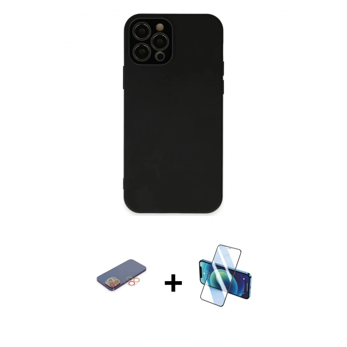 MARSİLYAN™- iPhone 12 Pro Max Kılıf Çekirdek Modern Serisi - Siyah 3D Antistatik Cam Ekran Koruyucu + Renkli Kamera Lens Koruma Cam - TU