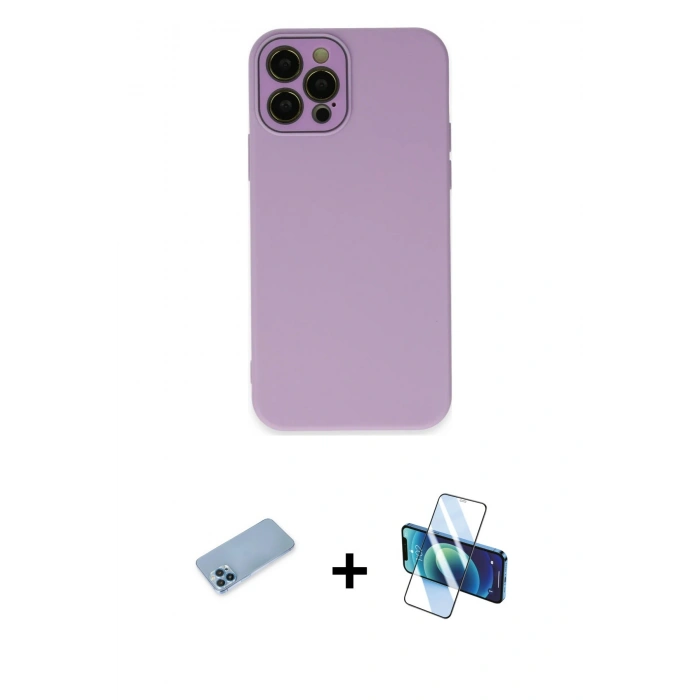 MARSİLYAN™- iPhone 12 Pro Max Kılıf Çekirdek Modern Serisi - Siyah 3D Antistatik Cam Ekran Koruyucu + Shine Kamera Lens Koruma Cam - MI