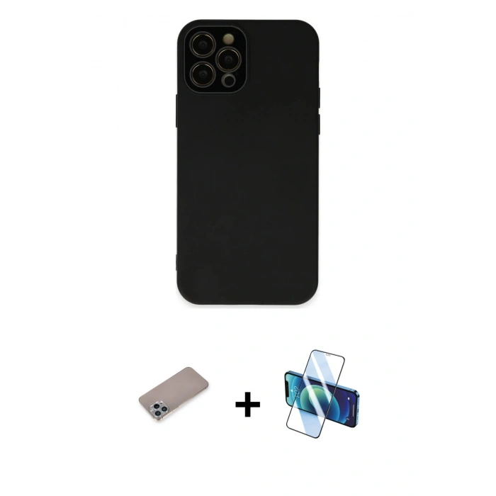 MARSİLYAN™- iPhone 12 Pro Max Kılıf Çekirdek Modern Serisi - Siyah 3D Antistatik Cam Ekran Koruyucu + Shine Kamera Lens Koruma Cam - SABE