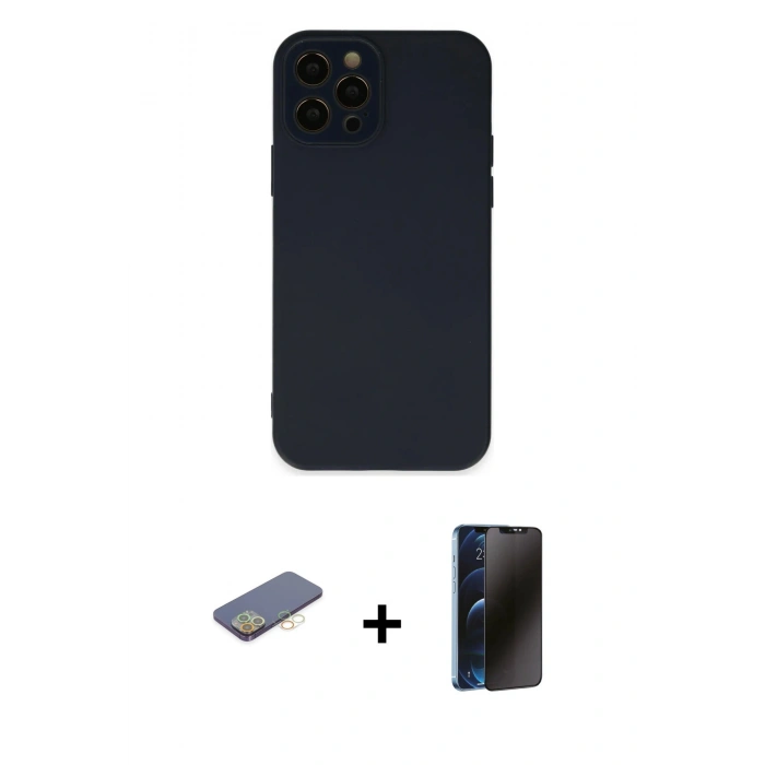 MARSİLYAN™- iPhone 12 Pro Max Kılıf Çekirdek Modern Serisi - Siyah 3D Antistatik Hayalet Cam Ekran Koruyucu + Renkli Kamera Lens Koruma Cam - SI