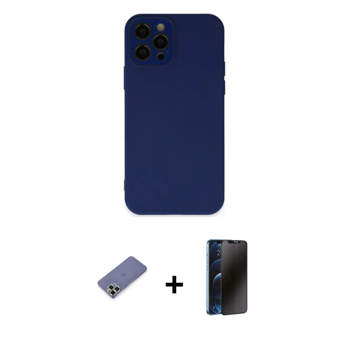 MARSİLYAN™- iPhone 12 Pro Max Kılıf Çekirdek Modern Serisi - Siyah 3D Antistatik Hayalet Cam Ekran Koruyucu + Metal Kamera Lens Koruma Cam - GD