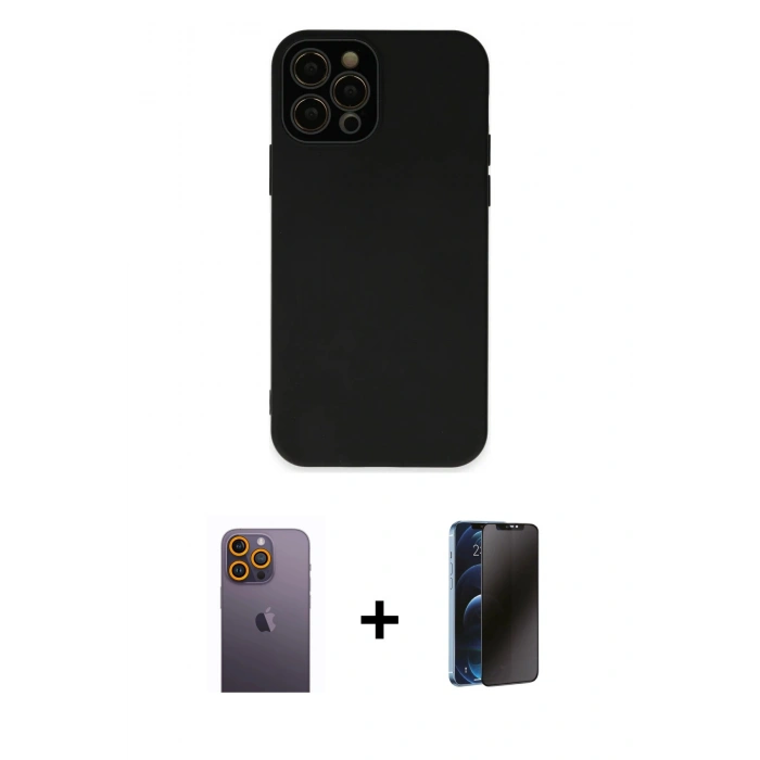 MARSİLYAN™- iPhone 12 Pro Max Kılıf Çekirdek Modern Serisi - Siyah 3D Antistatik Hayalet Cam Ekran Koruyucu + Neon Fosforlu Kamera Lens - SI