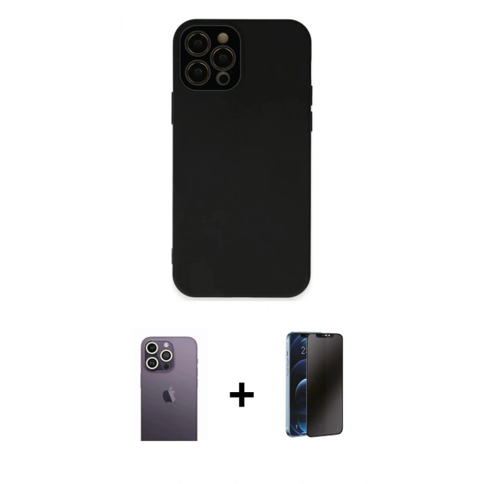 MARSİLYAN™- iPhone 12 Pro Max Kılıf Çekirdek Modern Serisi - Siyah 3D Antistatik Hayalet Cam Ekran Koruyucu + Beyaz Neon Fosforlu Kamera Lens
