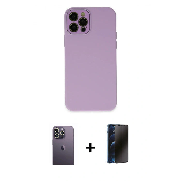 MARSİLYAN™- iPhone 12 Pro Max Kılıf Çekirdek Modern Serisi - Siyah 3D Antistatik Hayalet Cam Ekran Koruyucu + Beyaz Neon Fosforlu Kamera Lens