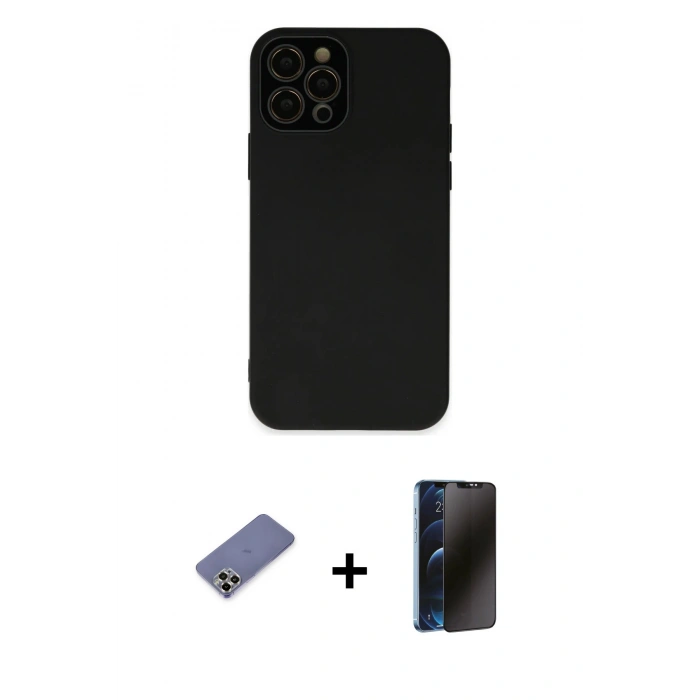 MARSİLYAN™- iPhone 12 Pro Max Kılıf Çekirdek Modern Serisi - Siyah 3D Antistatik Hayalet Cam Ekran Koruyucu + Metal Kamera Lens Koruma Cam - GD