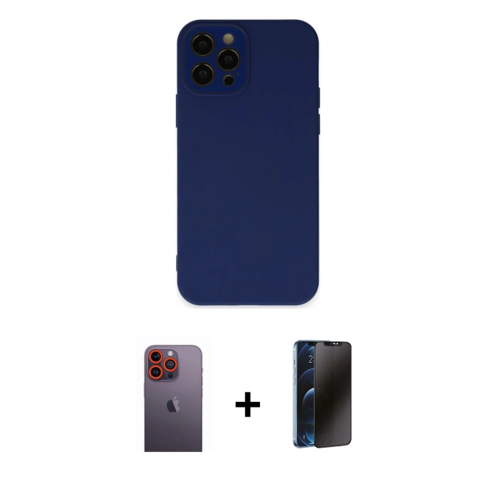 MARSİLYAN™- iPhone 12 Pro Max Kılıf Çekirdek Modern Serisi - Siyah 3D Antistatik Hayalet Cam Ekran Koruyucu + Neon Fosforlu Kamera Lens - TU