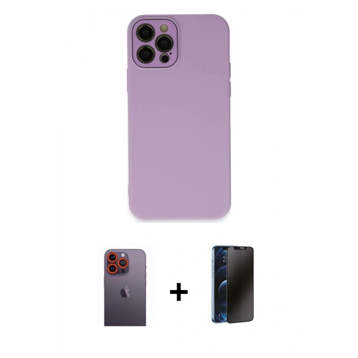 MARSİLYAN™- iPhone 12 Pro Max Kılıf Çekirdek Modern Serisi - Siyah 3D Antistatik Hayalet Cam Ekran Koruyucu + Neon Fosforlu Kamera Lens - TU