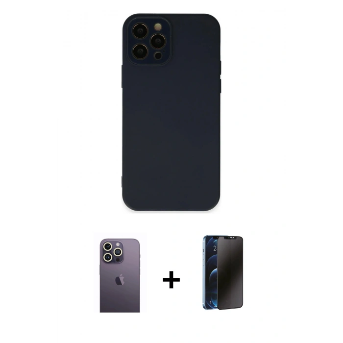 MARSİLYAN™- iPhone 12 Pro Max Kılıf Çekirdek Modern Serisi - Siyah 3D Antistatik Hayalet Cam Ekran Koruyucu + Beyaz Neon Fosforlu Kamera Lens