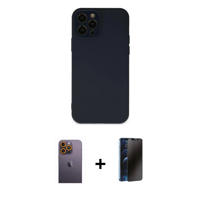 MARSİLYAN™- iPhone 12 Pro Max Kılıf Çekirdek Modern Serisi - Siyah 3D Antistatik Hayalet Cam Ekran Koruyucu + Neon Fosforlu Kamera Lens - SI