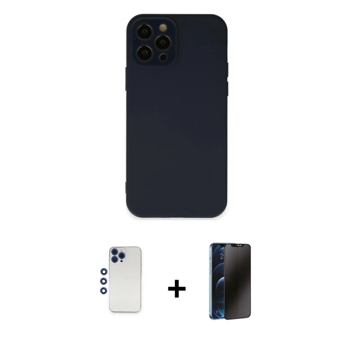 MARSİLYAN™- iPhone 12 Pro Max Kılıf Çekirdek Modern Serisi - Siyah 3D Antistatik Hayalet Cam Ekran Koruyucu + Shine Kamera Lens - LT