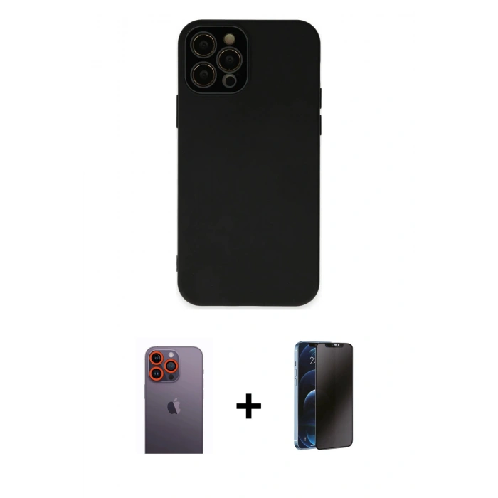 MARSİLYAN™- iPhone 12 Pro Max Kılıf Çekirdek Modern Serisi - Siyah 3D Antistatik Hayalet Cam Ekran Koruyucu + Neon Fosforlu Kamera Lens - TU