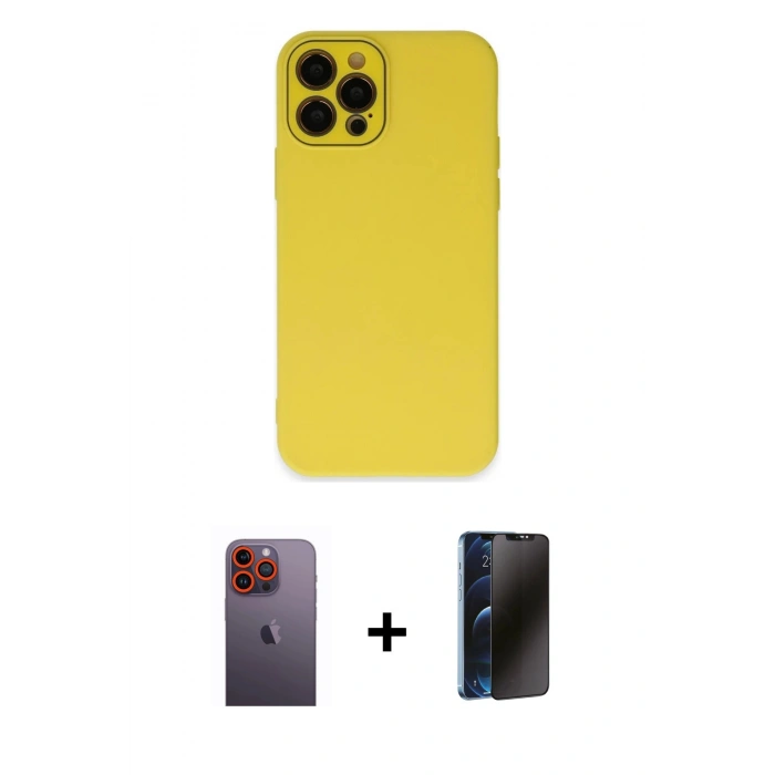 MARSİLYAN™- iPhone 12 Pro Max Kılıf Çekirdek Modern Serisi - Siyah 3D Antistatik Hayalet Cam Ekran Koruyucu + Neon Fosforlu Kamera Lens - TU