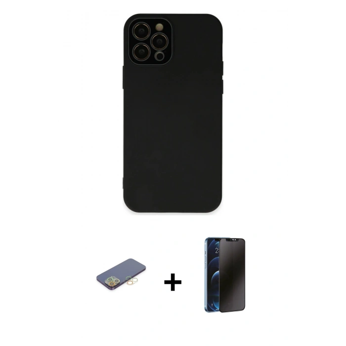 MARSİLYAN™- iPhone 12 Pro Max Kılıf Çekirdek Modern Serisi - Siyah 3D Antistatik Hayalet Cam Ekran Koruyucu + Renkli Kamera Lens Koruma Cam - SI