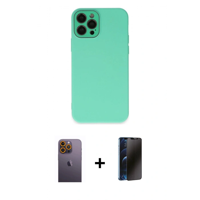 MARSİLYAN™- iPhone 12 Pro Max Kılıf Çekirdek Modern Serisi - Siyah 3D Antistatik Hayalet Cam Ekran Koruyucu + Neon Fosforlu Kamera Lens - SI