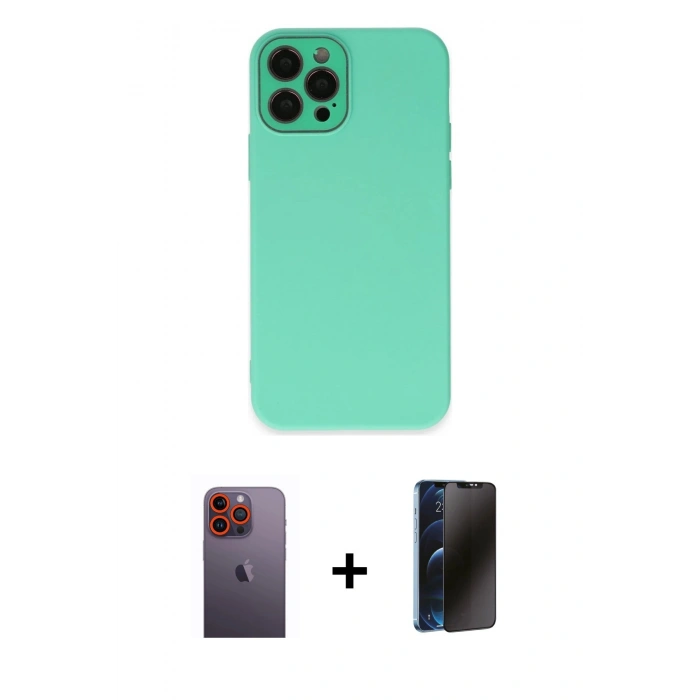 MARSİLYAN™- iPhone 12 Pro Max Kılıf Çekirdek Modern Serisi - Siyah 3D Antistatik Hayalet Cam Ekran Koruyucu + Neon Fosforlu Kamera Lens - TU