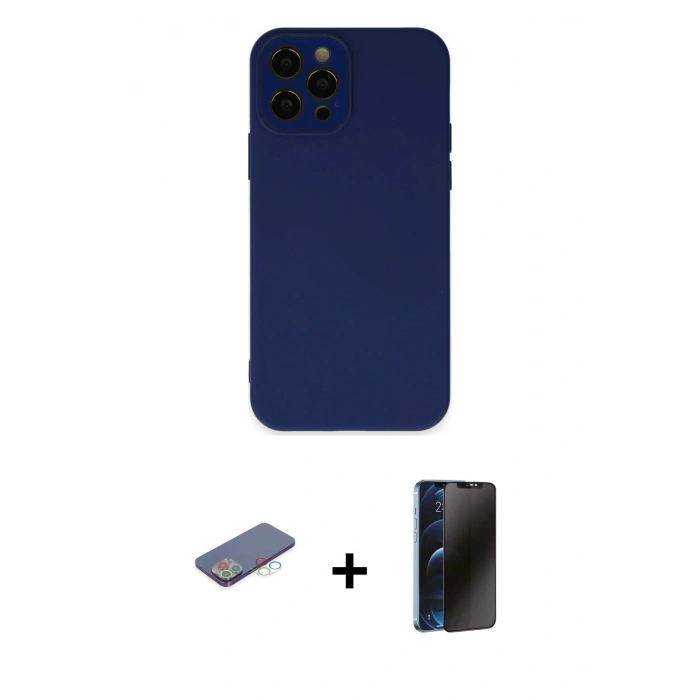 MARSİLYAN™- iPhone 12 Pro Max Kılıf Çekirdek Modern Serisi - Siyah 3D Antistatik Hayalet Cam Ekran Koruyucu + Renkli Kamera Lens Koruma Cam - MI