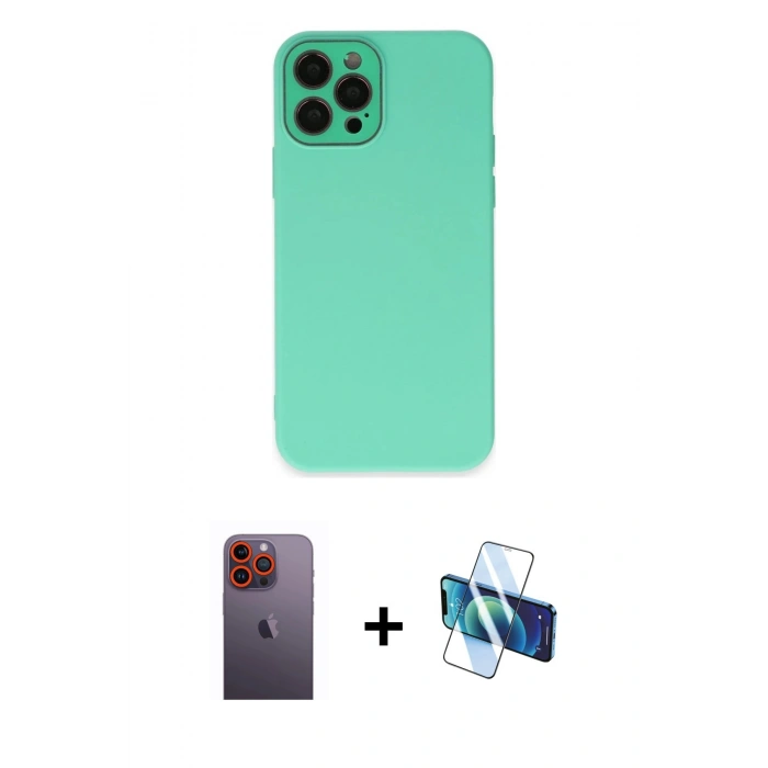 MARSİLYAN™- iPhone 12 Pro Max Kılıf Çekirdek Modern Serisi - Siyah 3D Antistatik Seramik Nano Ekran Koruyucu + Neon Fosforlu Kamera Lens - TU