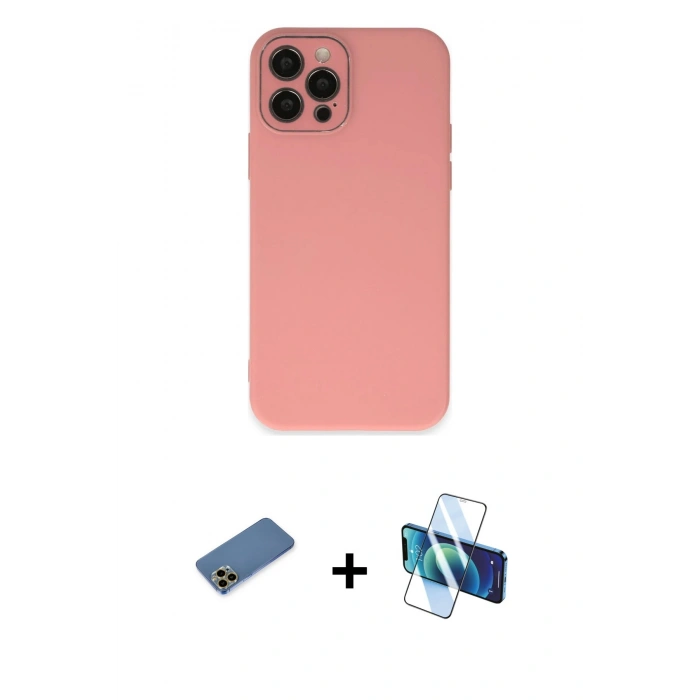 MARSİLYAN™- iPhone 12 Pro Max Kılıf Çekirdek Modern Serisi - Siyah 3D Antistatik Seramik Nano Ekran Koruyucu + Gold Shine Kamera Lens Koruma Cam