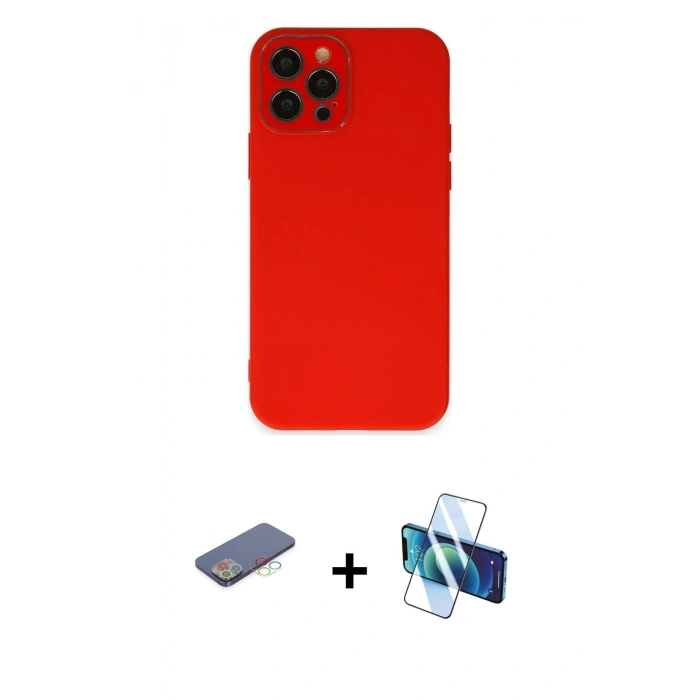 MARSİLYAN™- iPhone 12 Pro Max Kılıf Çekirdek Modern Serisi - Siyah 3D Antistatik Seramik Nano Ekran Koruyucu + Mavi Renkli Kamera Lens Koruma Cam