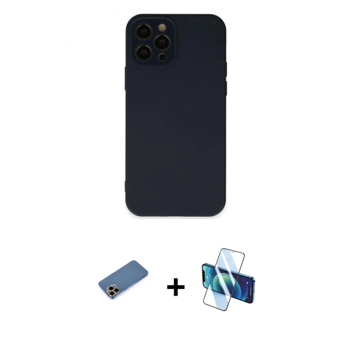 MARSİLYAN™- iPhone 12 Pro Max Kılıf Çekirdek Modern Serisi - Siyah 3D Antistatik Seramik Nano Ekran Koruyucu + Gold Shine Kamera Lens Koruma Cam