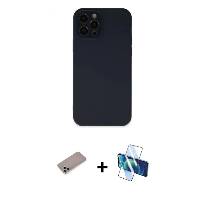 MARSİLYAN™- iPhone 12 Pro Max Kılıf Çekirdek Modern Serisi - Siyah 3D Antistatik Seramik Nano Ekran Koruyucu + Shine Kamera Lens Koruma Cam - SABE