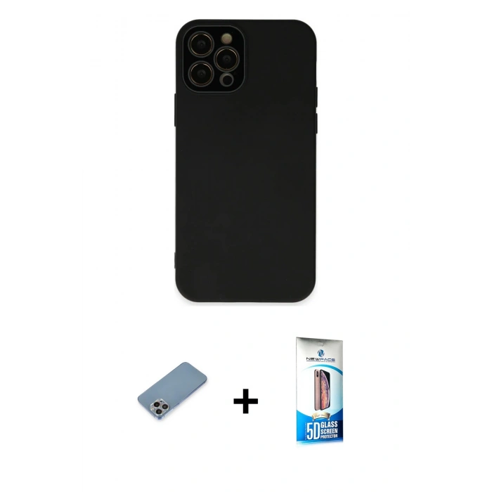 MARSİLYAN™- iPhone 12 Pro Max Kılıf Çekirdek Modern Serisi - Siyah 5D Eko Cam Ekran Koruyucu + Gökkuşağı Shine Kamera Lens Koruma Cam