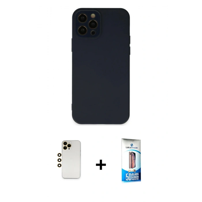 MARSİLYAN™- iPhone 12 Pro Max Kılıf Çekirdek Modern Serisi - Siyah 5D Eko Cam Ekran Koruyucu + Shine Kamera Lens - GD