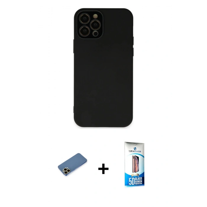 MARSİLYAN™- iPhone 12 Pro Max Kılıf Çekirdek Modern Serisi - Siyah 5D Eko Cam Ekran Koruyucu + Shine Kamera Lens Koruma Cam - GD