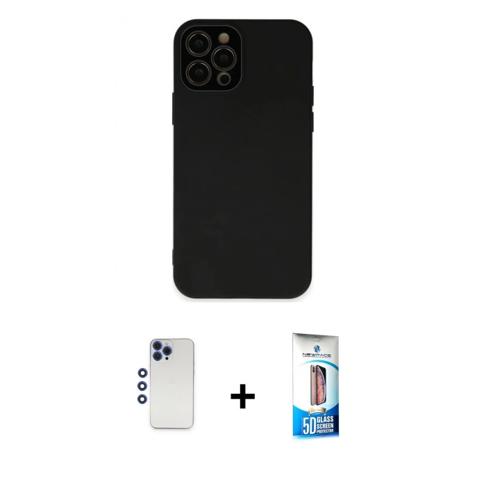 MARSİLYAN™- iPhone 12 Pro Max Kılıf Çekirdek Modern Serisi - Siyah 5D Eko Cam Ekran Koruyucu + Shine Kamera Lens - LT
