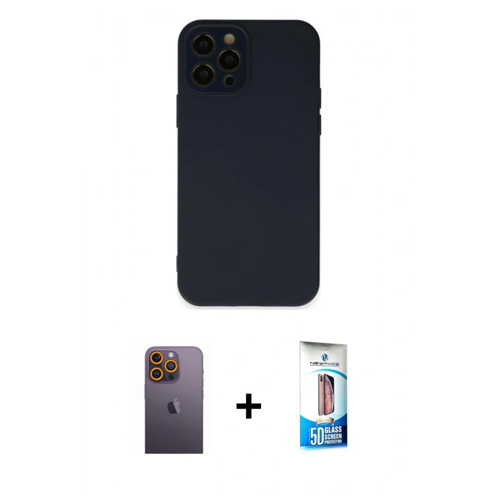 MARSİLYAN™- iPhone 12 Pro Max Kılıf Çekirdek Modern Serisi - Siyah 5D Eko Cam Ekran Koruyucu + Neon Fosforlu Kamera Lens - SI