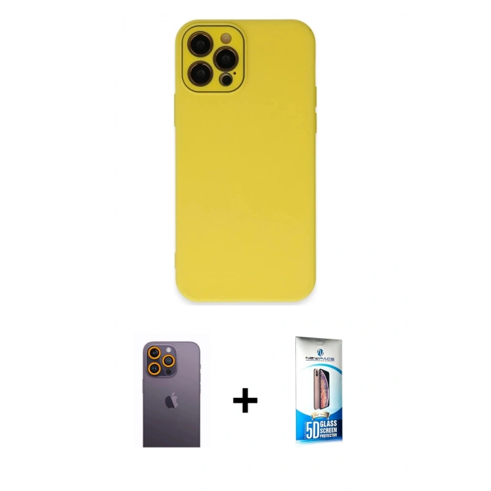 MARSİLYAN™- iPhone 12 Pro Max Kılıf Çekirdek Modern Serisi - Siyah 5D Eko Cam Ekran Koruyucu + Neon Fosforlu Kamera Lens - SI
