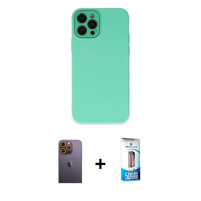 MARSİLYAN™- iPhone 12 Pro Max Kılıf Çekirdek Modern Serisi - Siyah 5D Eko Cam Ekran Koruyucu + Neon Fosforlu Kamera Lens - SI