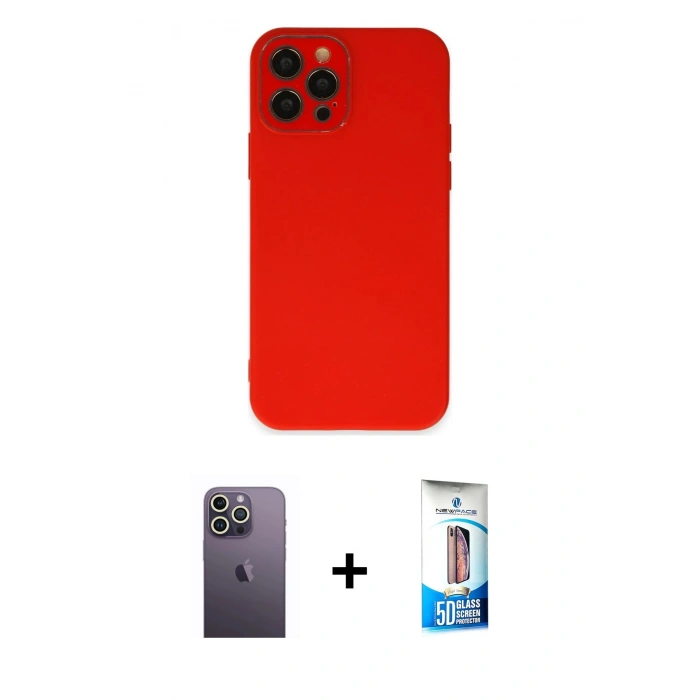 MARSİLYAN™- iPhone 12 Pro Max Kılıf Çekirdek Modern Serisi - Siyah 5D Eko Cam Ekran Koruyucu + Neon Fosforlu Kamera Lens - BZ