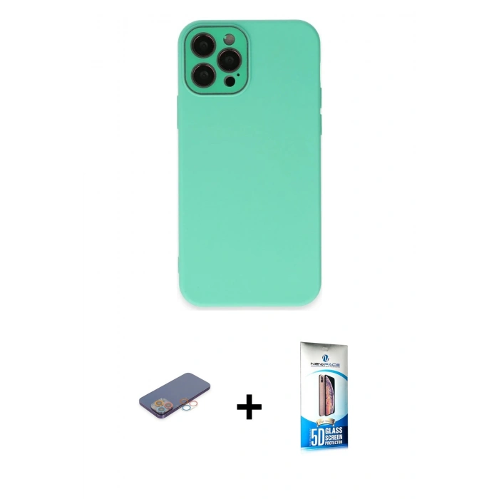 MARSİLYAN™- iPhone 12 Pro Max Kılıf Çekirdek Modern Serisi - Siyah 5D Eko Cam Ekran Koruyucu + Pembe Renkli Kamera Lens Koruma Cam