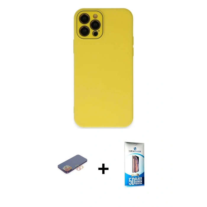 MARSİLYAN™- iPhone 12 Pro Max Kılıf Çekirdek Modern Serisi - Siyah 5D Eko Cam Ekran Koruyucu + Renkli Kamera Lens Koruma Cam - TU