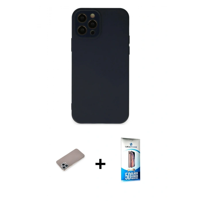 MARSİLYAN™- iPhone 12 Pro Max Kılıf Çekirdek Modern Serisi - Siyah 5D Eko Cam Ekran Koruyucu + Shine Kamera Lens Koruma Cam - SABE