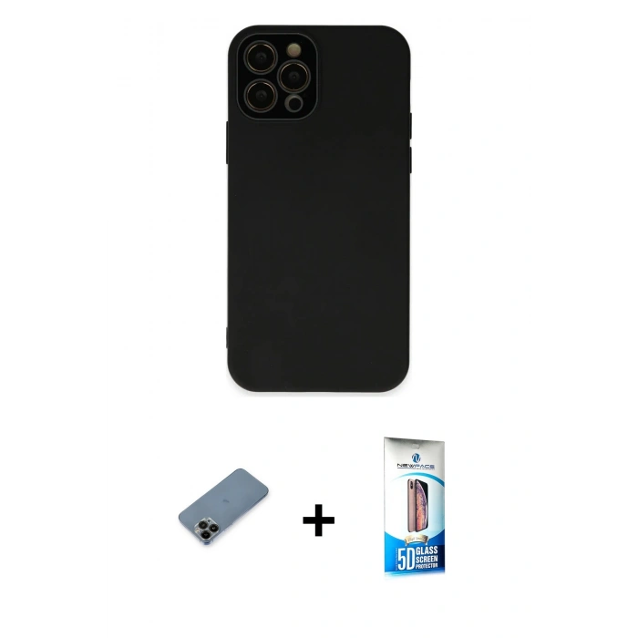 MARSİLYAN™- iPhone 12 Pro Max Kılıf Çekirdek Modern Serisi - Siyah 5D Eko Cam Ekran Koruyucu + Shine Kamera Lens Koruma Cam - SH