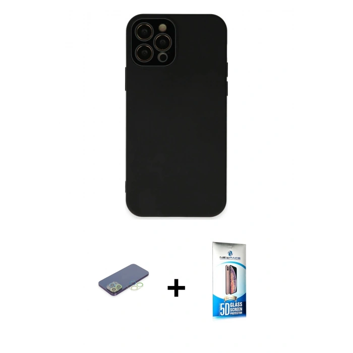 MARSİLYAN™- iPhone 12 Pro Max Kılıf Çekirdek Modern Serisi - Siyah 5D Eko Cam Ekran Koruyucu + Renkli Kamera Lens Koruma Cam - YL