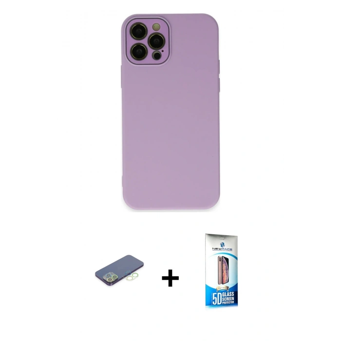 MARSİLYAN™- iPhone 12 Pro Max Kılıf Çekirdek Modern Serisi - Siyah 5D Eko Cam Ekran Koruyucu + Renkli Kamera Lens Koruma Cam - YL