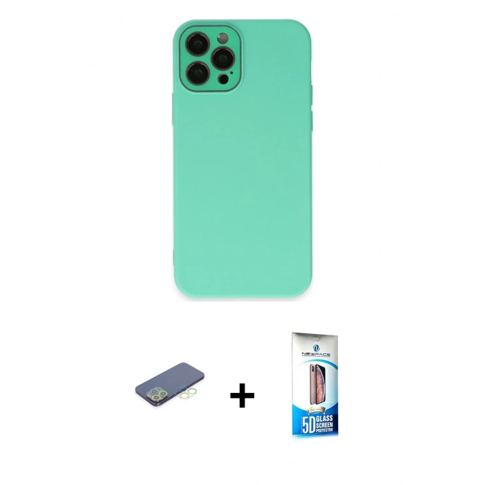 MARSİLYAN™- iPhone 12 Pro Max Kılıf Çekirdek Modern Serisi - Siyah 5D Eko Cam Ekran Koruyucu + Renkli Kamera Lens Koruma Cam - YL