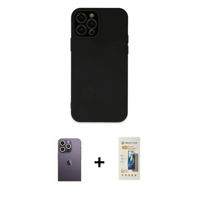 MARSİLYAN™- iPhone 12 Pro Max Kılıf Çekirdek Modern Serisi - Siyah 6D Mat Seramik Hayalet Nano Ekran Koruyucu + Neon Fosforlu Kamera Lens - BZ