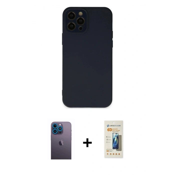 MARSİLYAN™- iPhone 12 Pro Max Kılıf Çekirdek Modern Serisi - Siyah 6D Mat Seramik Hayalet Nano Ekran Koruyucu + Neon Fosforlu Kamera Lens - MI