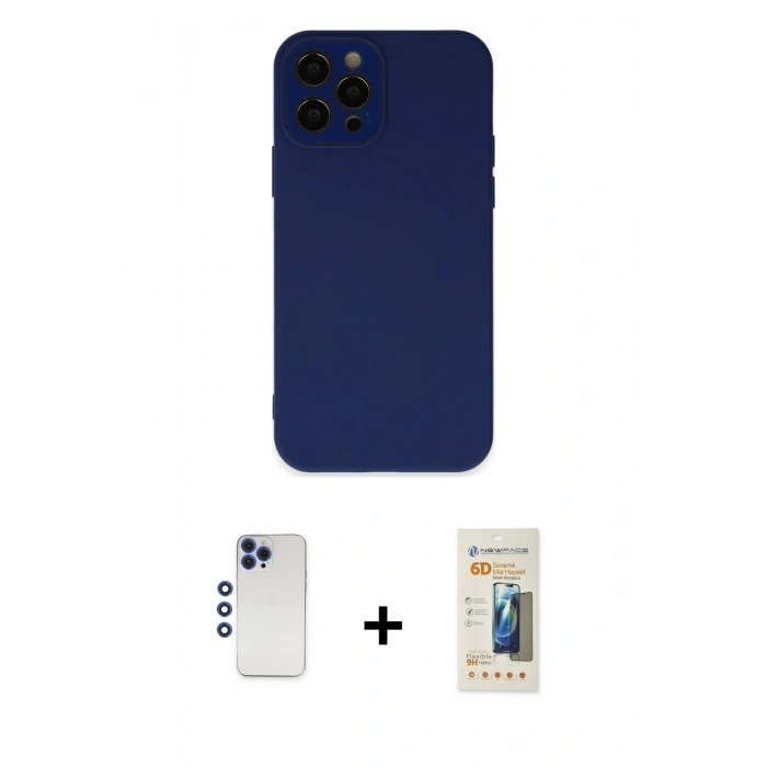 MARSİLYAN™- iPhone 12 Pro Max Kılıf Çekirdek Modern Serisi - Siyah 6D Mat Seramik Hayalet Nano Ekran Koruyucu + Shine Kamera Lens - LT