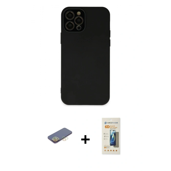 MARSİLYAN™- iPhone 12 Pro Max Kılıf Çekirdek Modern Serisi - Siyah 6D Mat Seramik Hayalet Nano Ekran Koruyucu + Renkli Kamera Lens Koruma Cam - SI