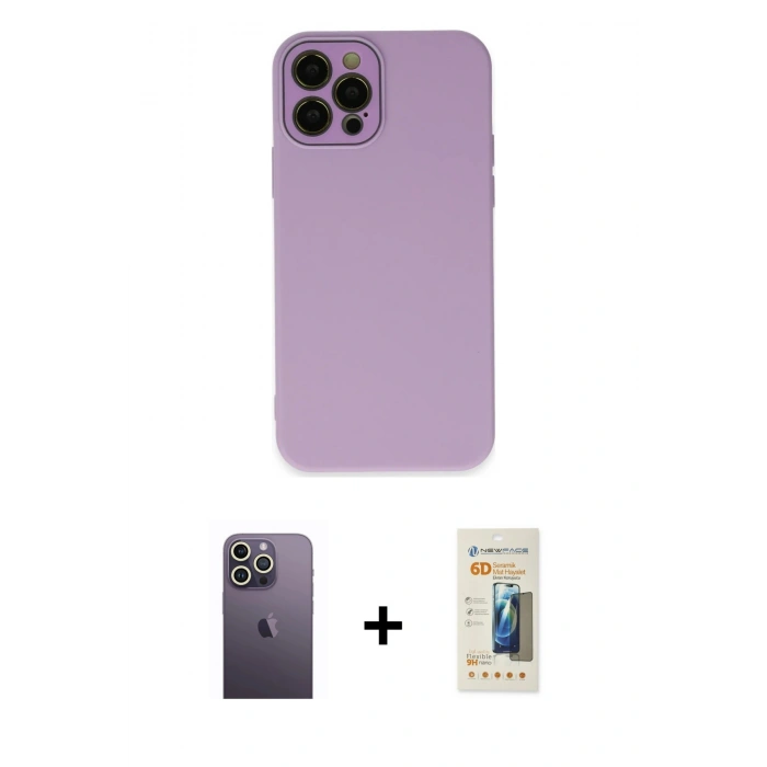 MARSİLYAN™- iPhone 12 Pro Max Kılıf Çekirdek Modern Serisi - Siyah 6D Mat Seramik Hayalet Nano Ekran Koruyucu + Neon Fosforlu Kamera Lens - BZ