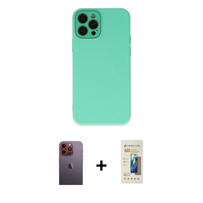 MARSİLYAN™- iPhone 12 Pro Max Kılıf Çekirdek Modern Serisi - Siyah 6D Mat Seramik Hayalet Nano Ekran Koruyucu + Neon Fosforlu Kamera Lens - TU