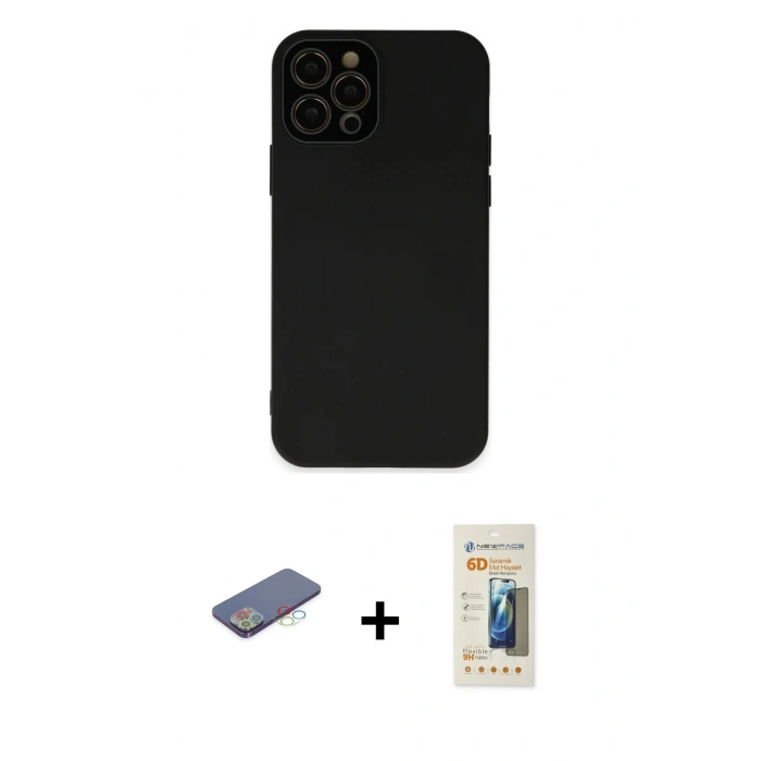 MARSİLYAN™- iPhone 12 Pro Max Kılıf Çekirdek Modern Serisi - Siyah 6D Mat Seramik Hayalet Nano Ekran Koruyucu + Mavi Renkli Kamera Lens Koruma Cam