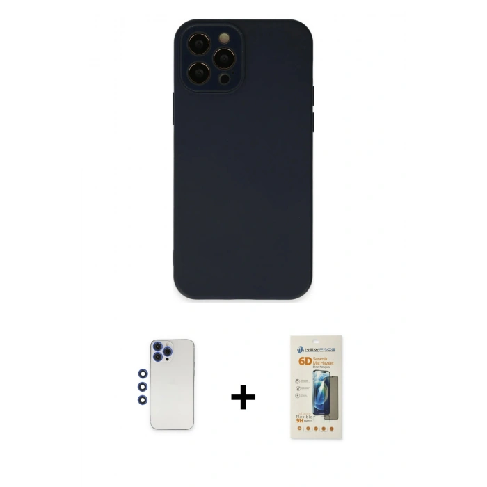 MARSİLYAN™- iPhone 12 Pro Max Kılıf Çekirdek Modern Serisi - Siyah 6D Mat Seramik Hayalet Nano Ekran Koruyucu + Shine Kamera Lens - LT