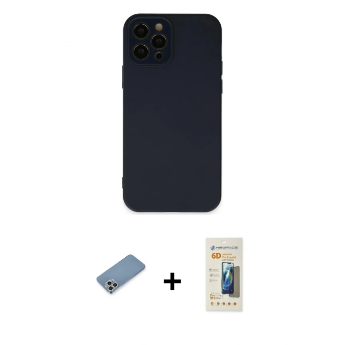 MARSİLYAN™- iPhone 12 Pro Max Kılıf Çekirdek Modern Serisi - Siyah 6D Mat Seramik Hayalet Nano Ekran Koruyucu + Gümüş Shine Kamera Lens Koruma Cam