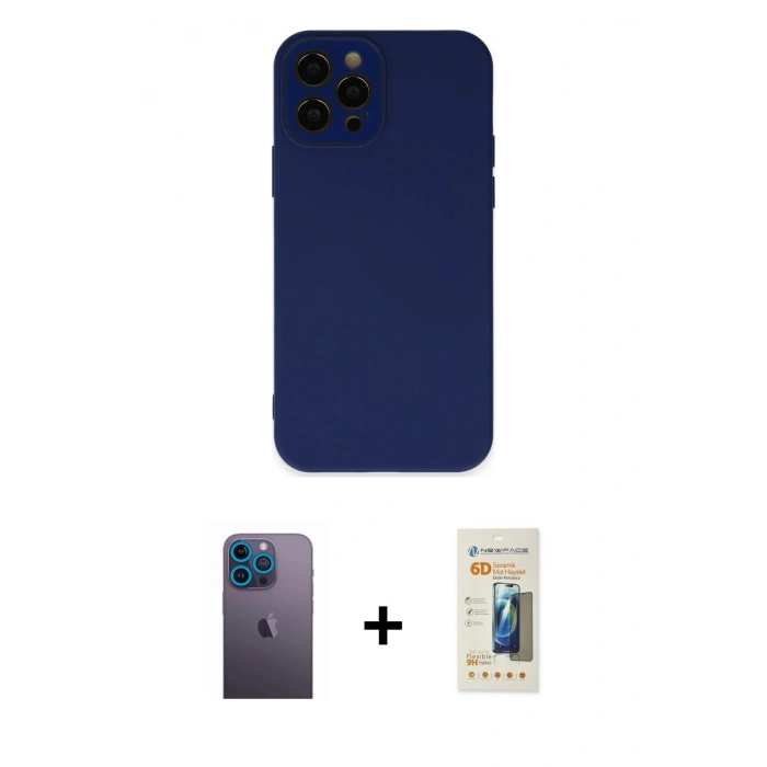 MARSİLYAN™- iPhone 12 Pro Max Kılıf Çekirdek Modern Serisi - Siyah 6D Mat Seramik Hayalet Nano Ekran Koruyucu + Neon Fosforlu Kamera Lens - MI